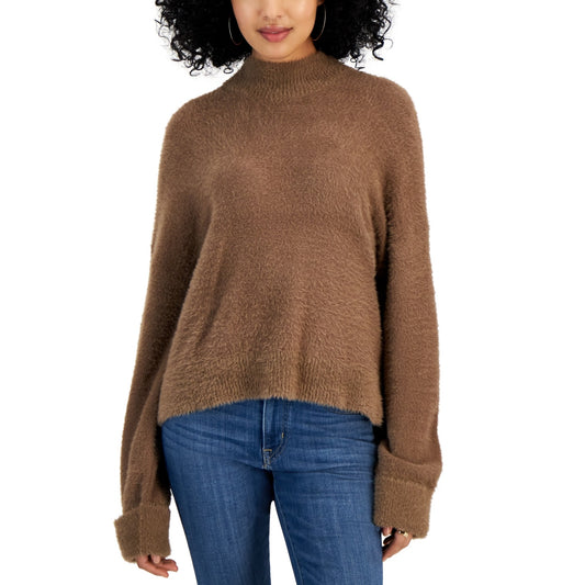 Hippie Rose Juniors Eyelash Mock-Neck Cuffed Coco Ash Sweater