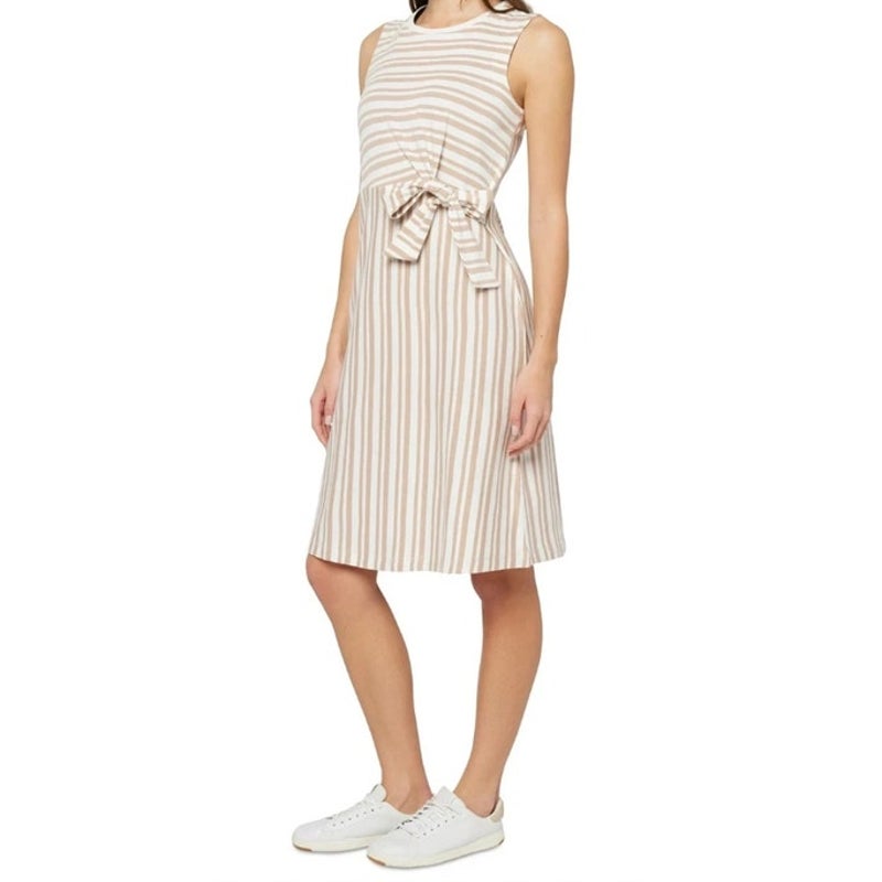 Three Dots Women's Karen Cotton Sleeveless Dress in Light Taupe Stripes