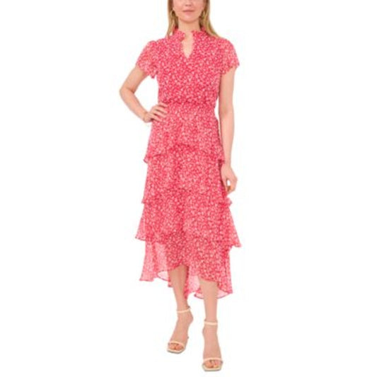 Sam & Jess Women's Printed Smocked Tiered Midi Dress in Coral Floral Print