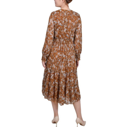 NY Collection Women's Petite Clip Dot Midi Dress in Mustard Floral Print