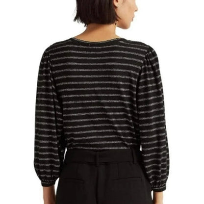 Lauren Ralph Lauren Women's "Lurex" Black Metallic Stripe Blouse, Balloon Sleeve