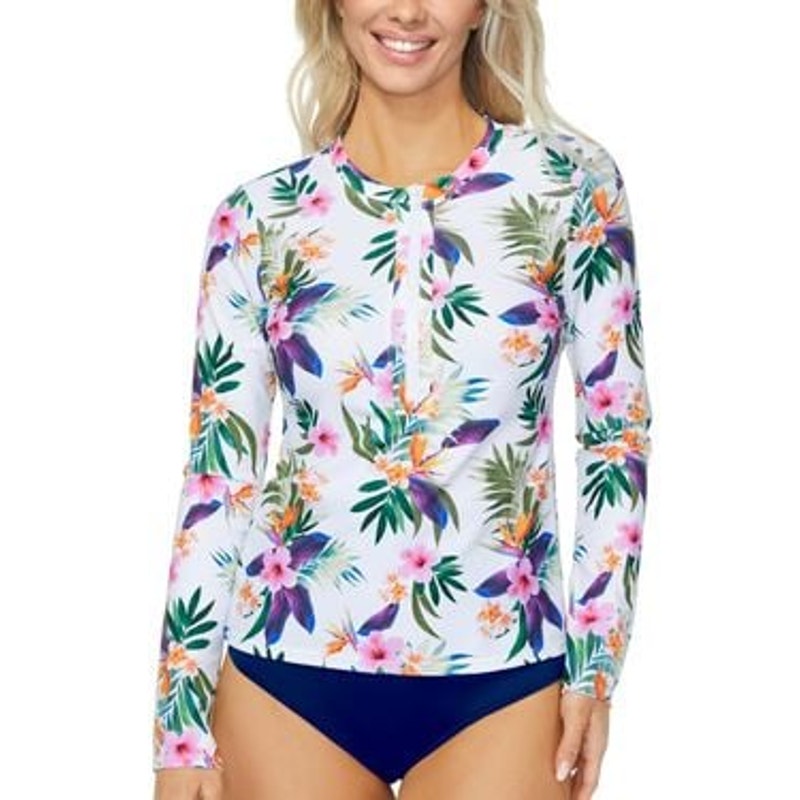 Island Escape Women's Floral-Print Half-Zip Rash Guard White Floral