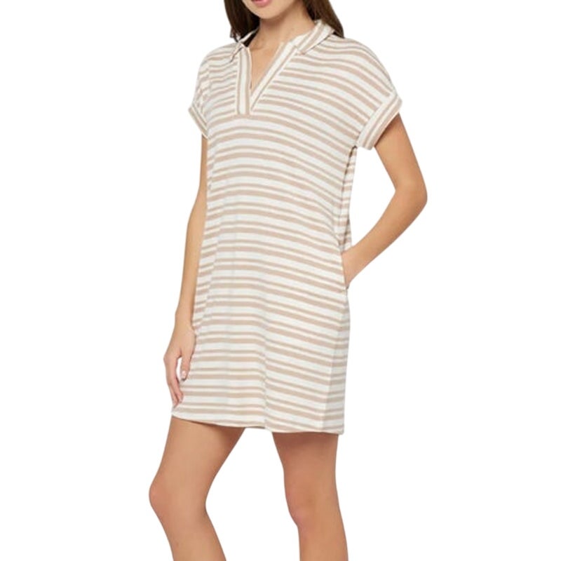 Three Dots Women's Koda Cotton Collared Midi Dress in Light Taupe Stripes