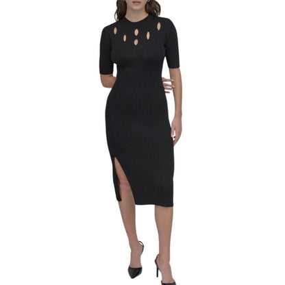 DKNY Women's Short Sleeve Mock Neck Rib Sheath Dress in Black