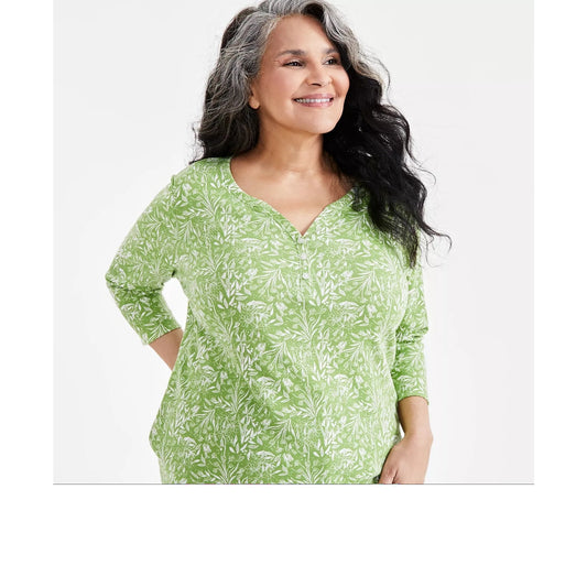 Style & Co Plus Size 3/4-Sleeve Henley Top in Dainty Green