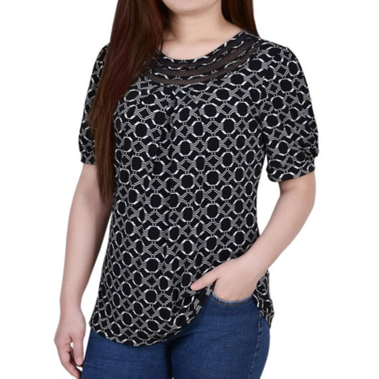 NY Collection Petite Short Puff Sleeve Mesh Neckline Top in Black & White Link