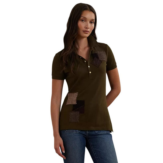 Lauren Ralph Lauren Women's Patchwork Pique Polo Top in Botanic Green, Size PS