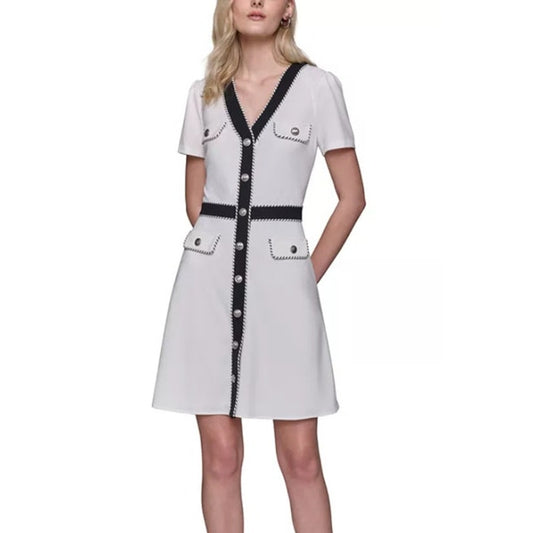 KARL LAGERFELD PARIS Women's Two-Tone Button-Front Dress in Soft White & Black