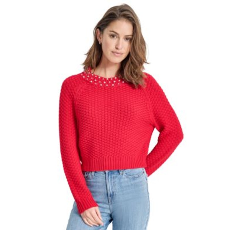 DKNY Jeans Petite Embellished Mock-Neck Sweater in Red Lights
