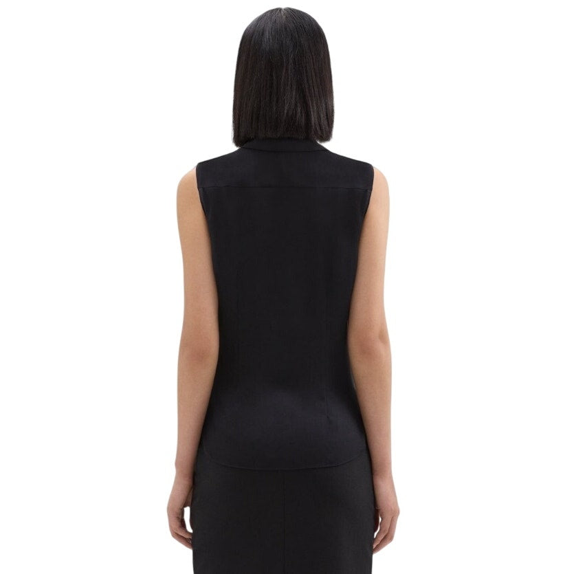 Theory Fitted Sleeveless Shirt in Pure Silk Georgette Black, Size Large
