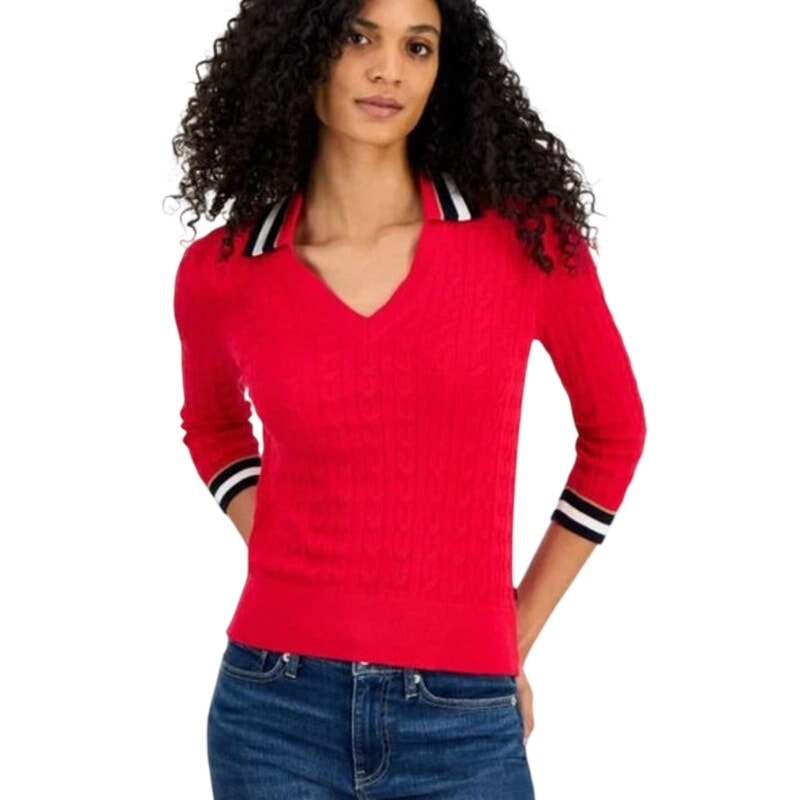 Tommy Hilfiger Women's Cotton Striped-Collar Sweater in Scarlet Red Multi