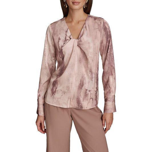 Donna Karan New York Women's Printed Twist Front V-Neck Blouse in Mink Combo