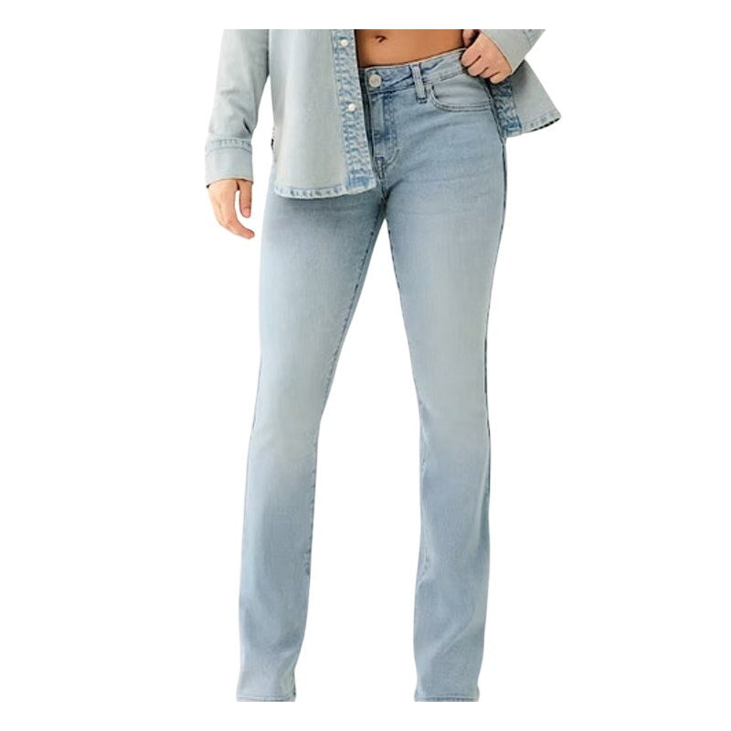 True Religion Women's "Becca" Flap Mid-Rise Bootcut Jeans in Light Wash Blue