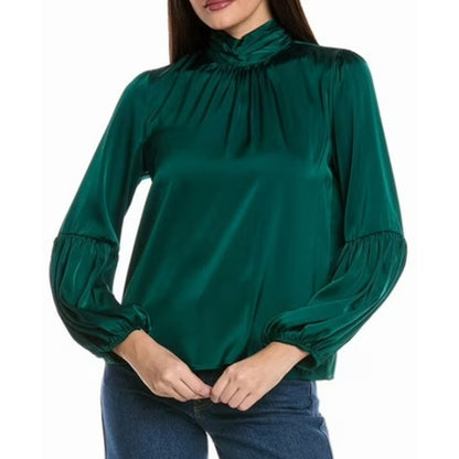 CeCe Women's Blouson-Sleeve Mock-Neck Top in Dark Forest Green
