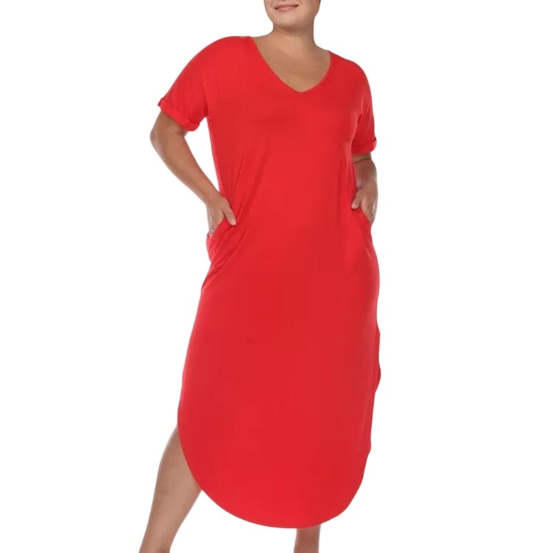 White Mark Plus Size Short Sleeve V-Neck Midi Dress in Red