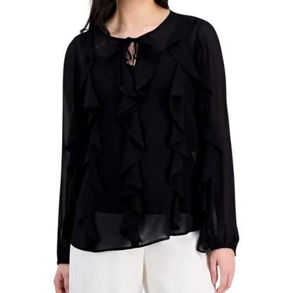 Anne Klein Women's Ruffled Tie-Neck Top in Anne Black