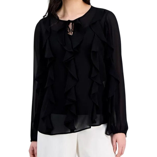 Anne Klein Women's Ruffled Tie-Neck Top in Anne Black