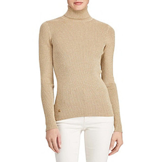 Ralph Lauren Women's Metallic Ribbed Turtleneck Sweater in Luxe Gold Lurex, L