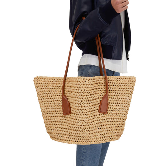 Bottega Veneta Women's "Arco" Raffia Tote in Tan with Leather Pouch
