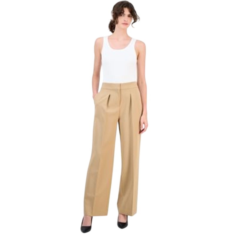 Anne Klein Women's High-Rise Pleated Wide-Leg Pants in Light Coffee Tan