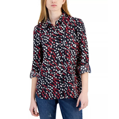 Tommy Hilfiger Women's Ditsy Roll-Tab Shirt In Black Red Multi