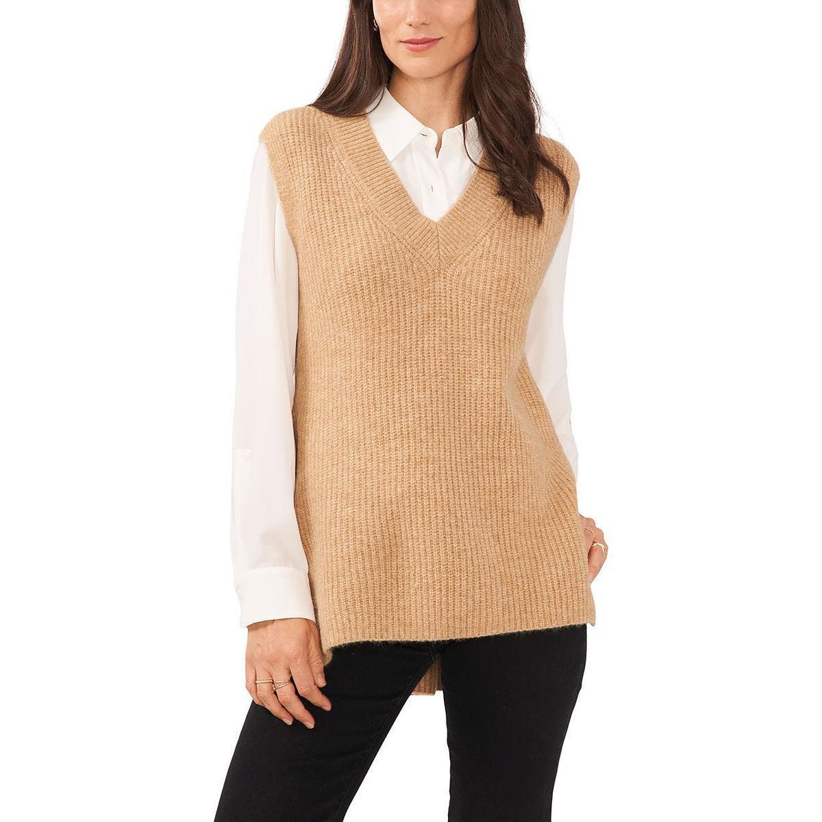 Vince Camuto Women's Beige Knit V-Neck Layering Sweater Vest