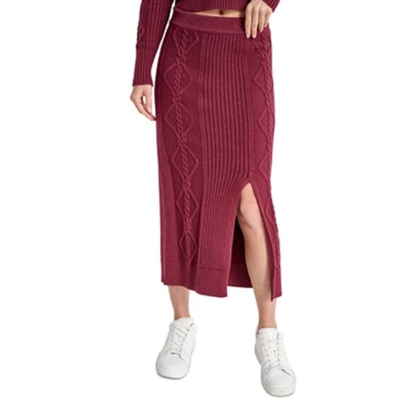 DKNY Jeans Women's Cable Knit Midi Sweater Skirt in Burgundy Red