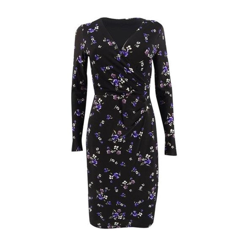 Ralph Lauren Black Faux Wrap Dress w/ Purple Floral Pattern