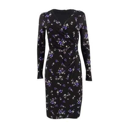Ralph Lauren Black Faux Wrap Dress w/ Purple Floral Pattern