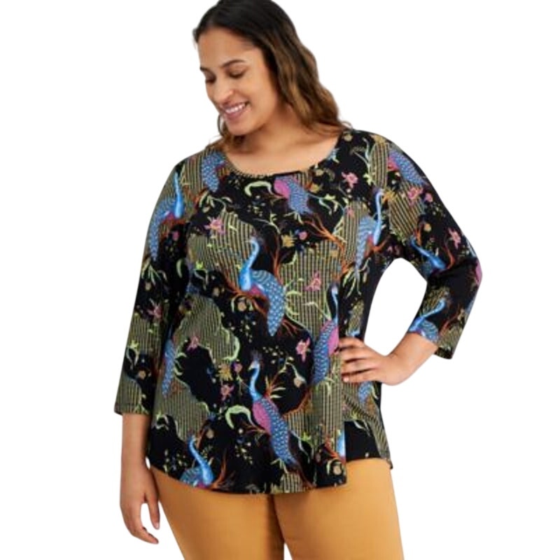 JM Collection Women's Plus Size Paradise Peacock Print Top in Deep Black