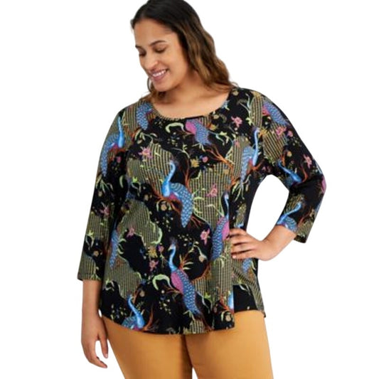 JM Collection Women's Plus Size Paradise Peacock Print Top in Deep Black