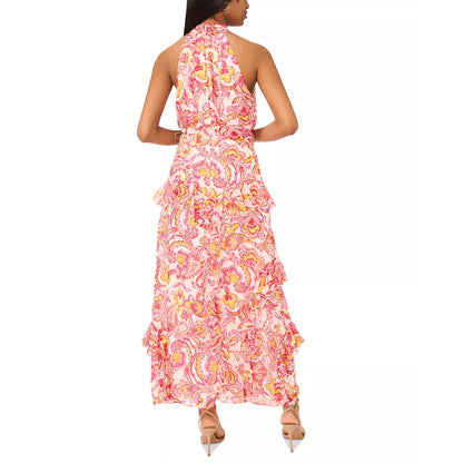 CeCe Women's Printed Sleeveless Tiered-Ruffle-Trim Dress in Magenta Multi