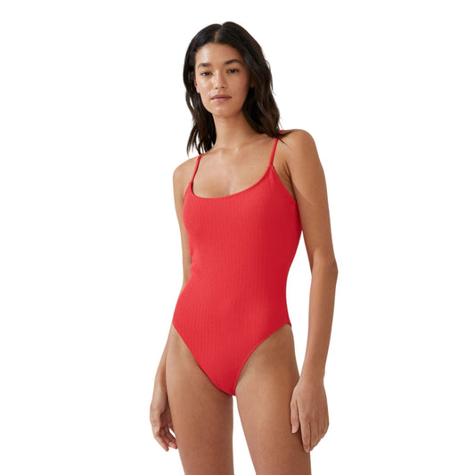 Cotton On Women's Textured Scoop Neck One Piece Swimsuit in Lobster Red Crinkle