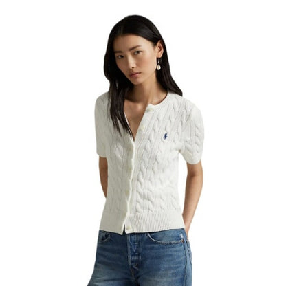 Polo Ralph Lauren Women's Cable Knit Cotton Short Sleeve Cardigan in White, L