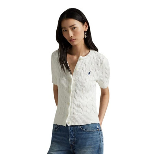 Polo Ralph Lauren Women's Cable Knit Cotton Short Sleeve Cardigan in White, L