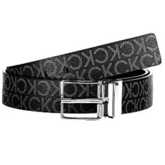 Calvin Klein Ladies Black & Gray Reversible Monogram Belt w/ Silver Buckle, NWT