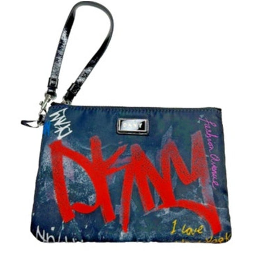 DKNY Black & Red Nylon Graffiti Print Wristlet Wallet, Silver Hardware