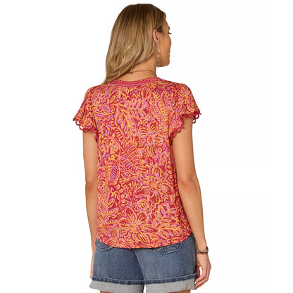 Democracy Petite Flutter-Sleeve Printed Knit Top in Cashmere Red Multi