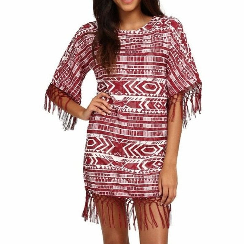 Sam Edelman Women's Red & White Fringe Dress, Size Small