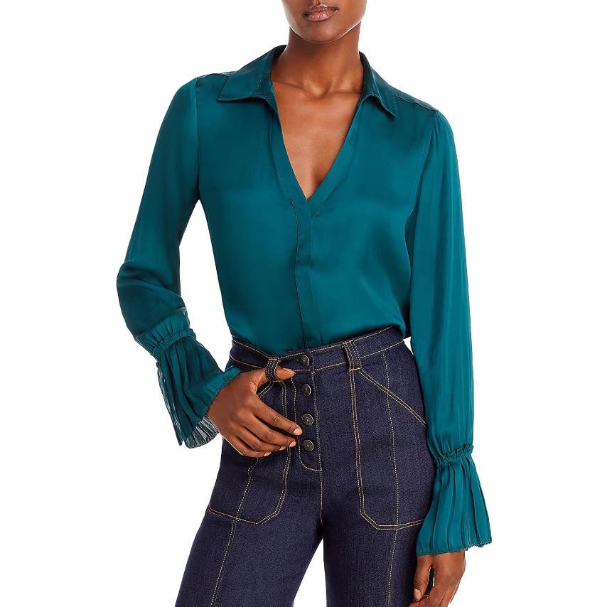 PAIGE Abriana Women's Satin Long Sleeve Button-Down Top Midnight Cyan