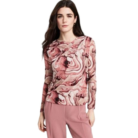 Bar III Women's Draped-Neck Long Sleeve Swirl Print Top in Tuscan Clay Pink