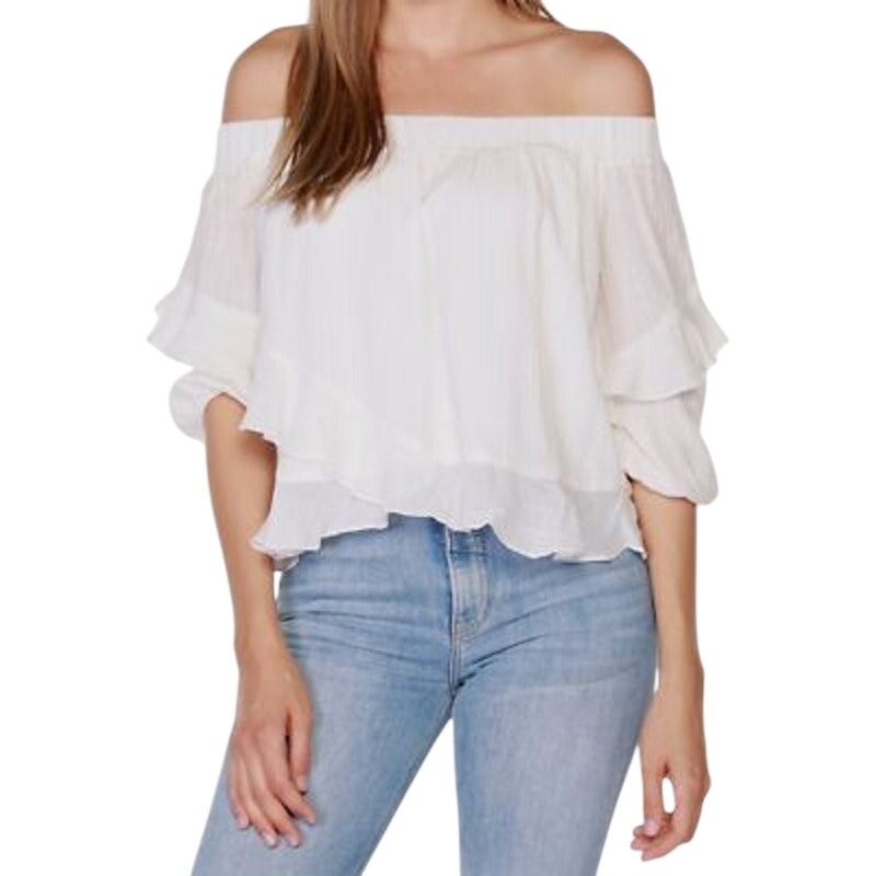 Belldini Women's Off-the-Shoulder Ruffle Top in White Silver Metallic