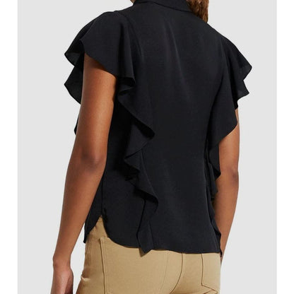 Theory Women Black Ruffle Cap Sleeve Silk Georgette Blouse Top