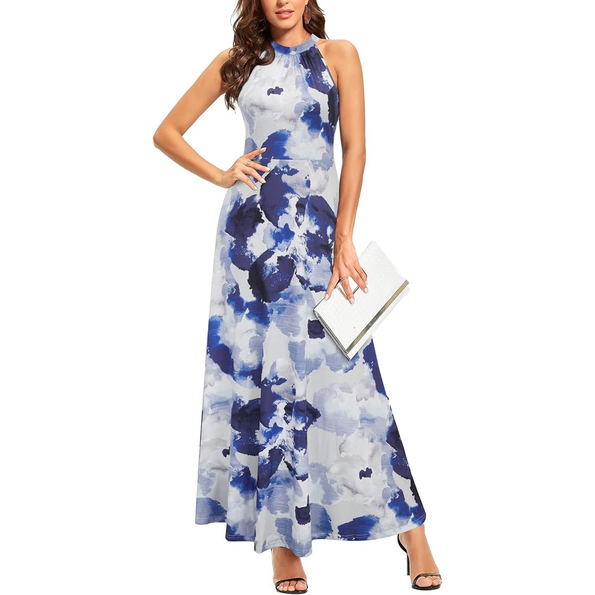 Styleword Ladies Classy Maxi Dress, Blue Abstract Pattern Sleeveless Halter Neck