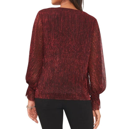 Vince Camuto Women's Long-Sleeve Elastic-Cuff V-Neck Top in Metallic Red