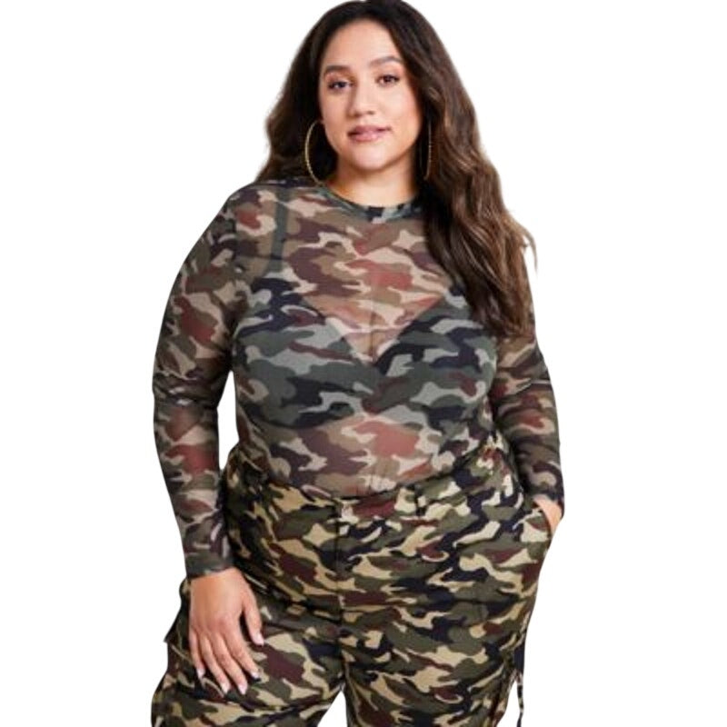 Nina Parker Women's Trendy Plus Size Long-Sleeve Mesh Top in Camo