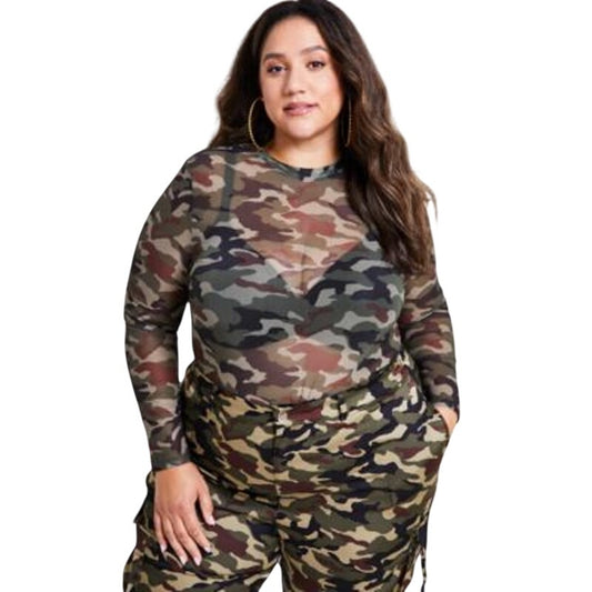 Nina Parker Women's Trendy Plus Size Long-Sleeve Mesh Top in Camo
