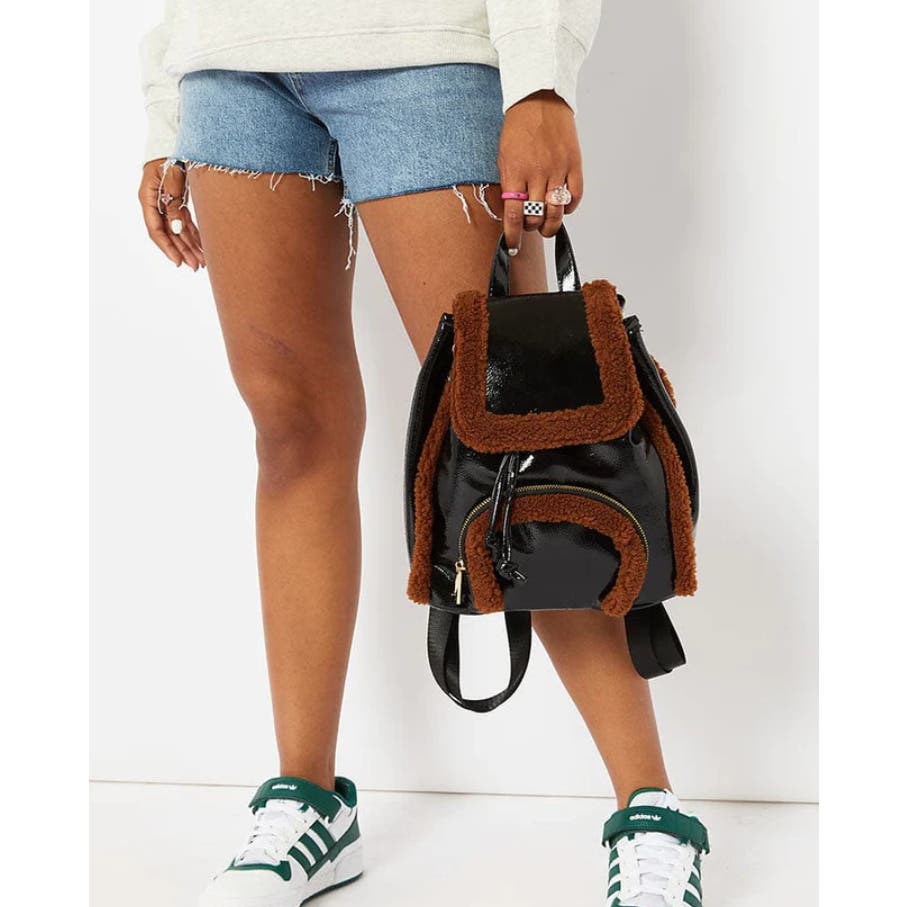 SKINNYDIP LONDON Women's Black & Brown "Scarlett" Small Fluff Trim Backpack
