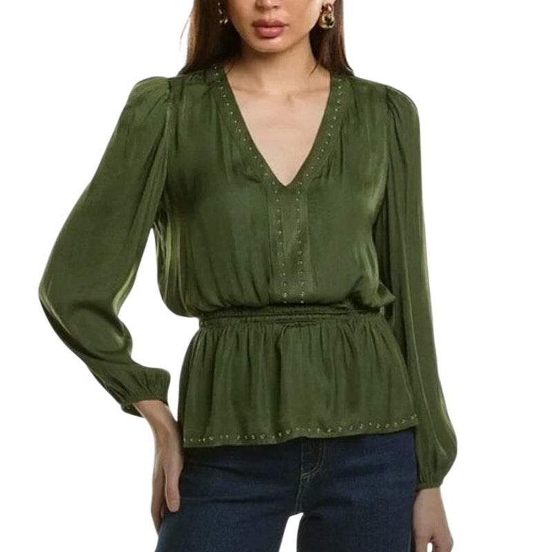 T Tahari Women's Grommet-Trim V-Neck Peplum Top in Autumn Green