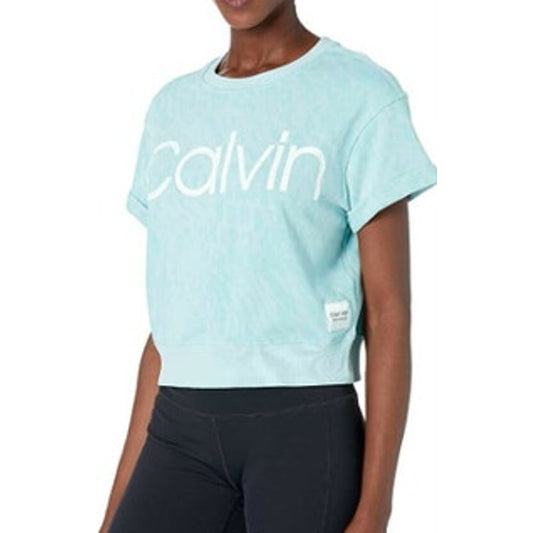 Calvin Klein Light Blue Leopard Print Signature Short Sleeve Sweatshirt, Size S!